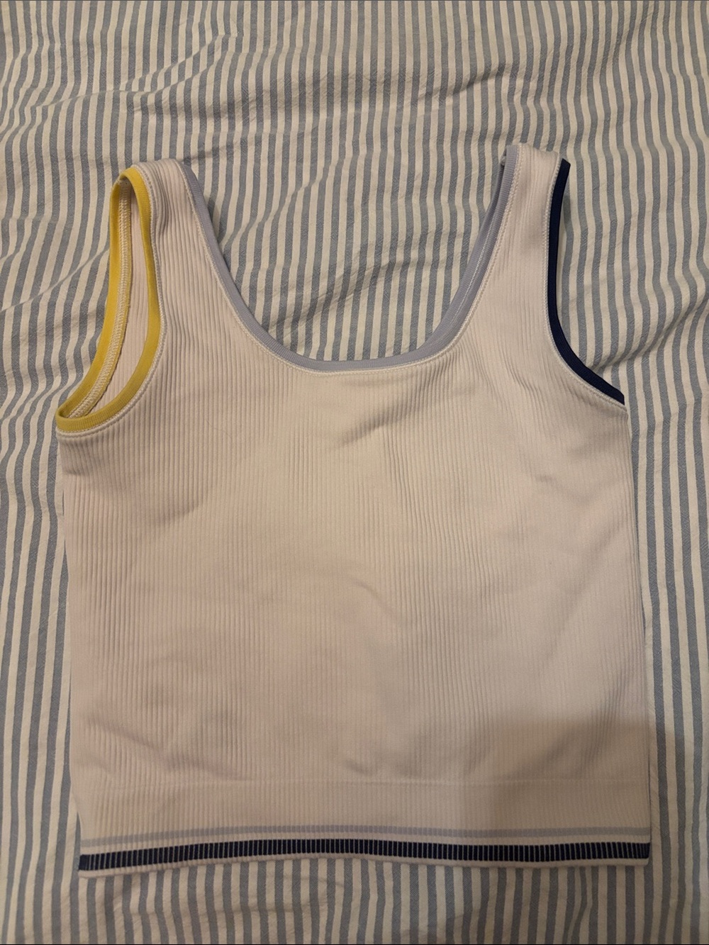 Athleta White Ribbed Tank with Yellow and Navy Trim